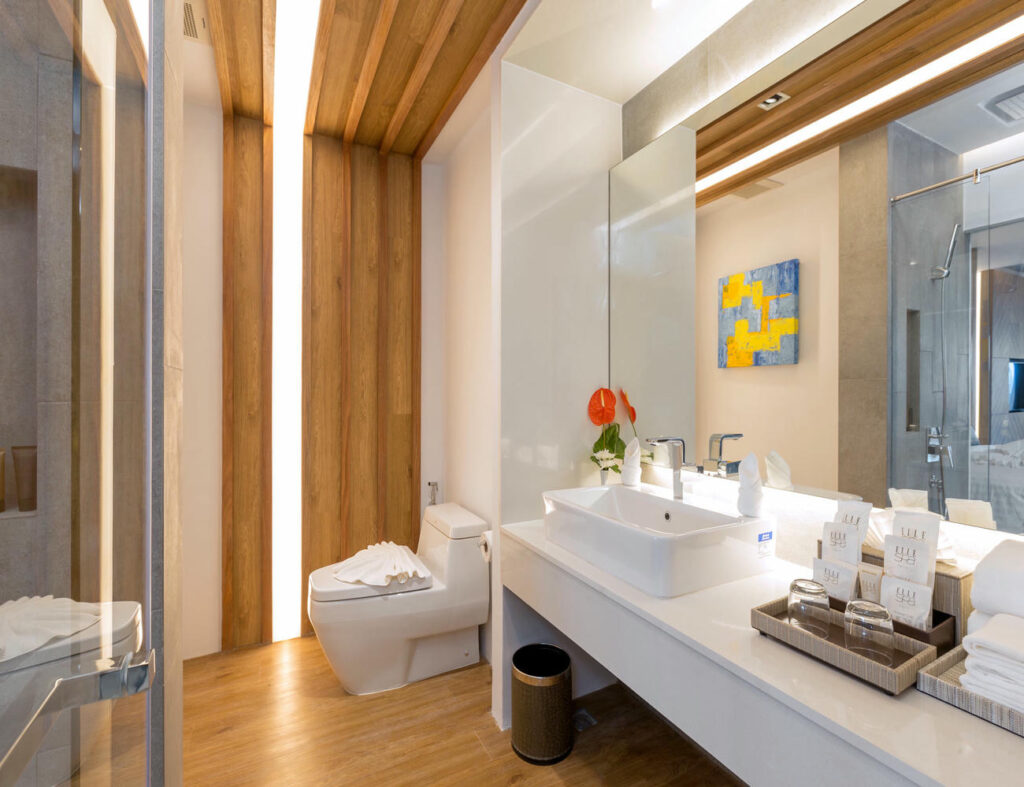 Deluxe Twin Room bathroom with closet, sink, mirror, and wood-style flooring