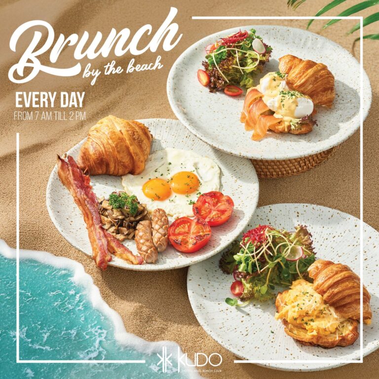 Brunch served by the beach at Kudo Hotel with fresh dishes and ocean views